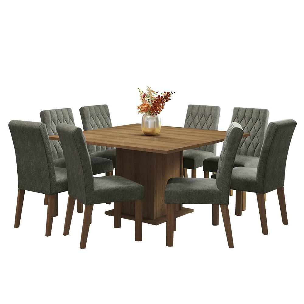 Conjunto Sala de Jantar Mesa Tampo de Madeira 8 Cadeiras Rustic/Silver Leila Madesa