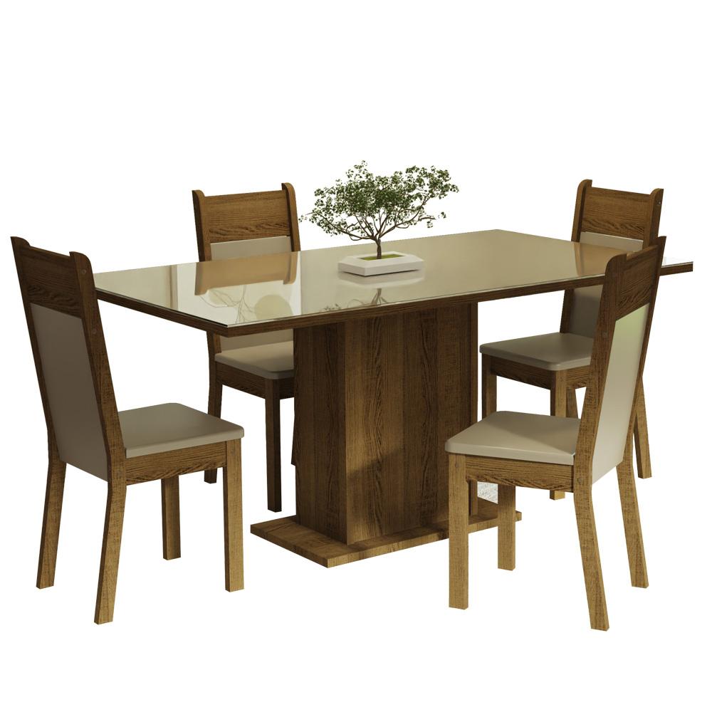 Conjunto Sala de Jantar Mesa Tampo de Vidro 4 Cadeiras Crema/Rustic/Bege Greta Madesa