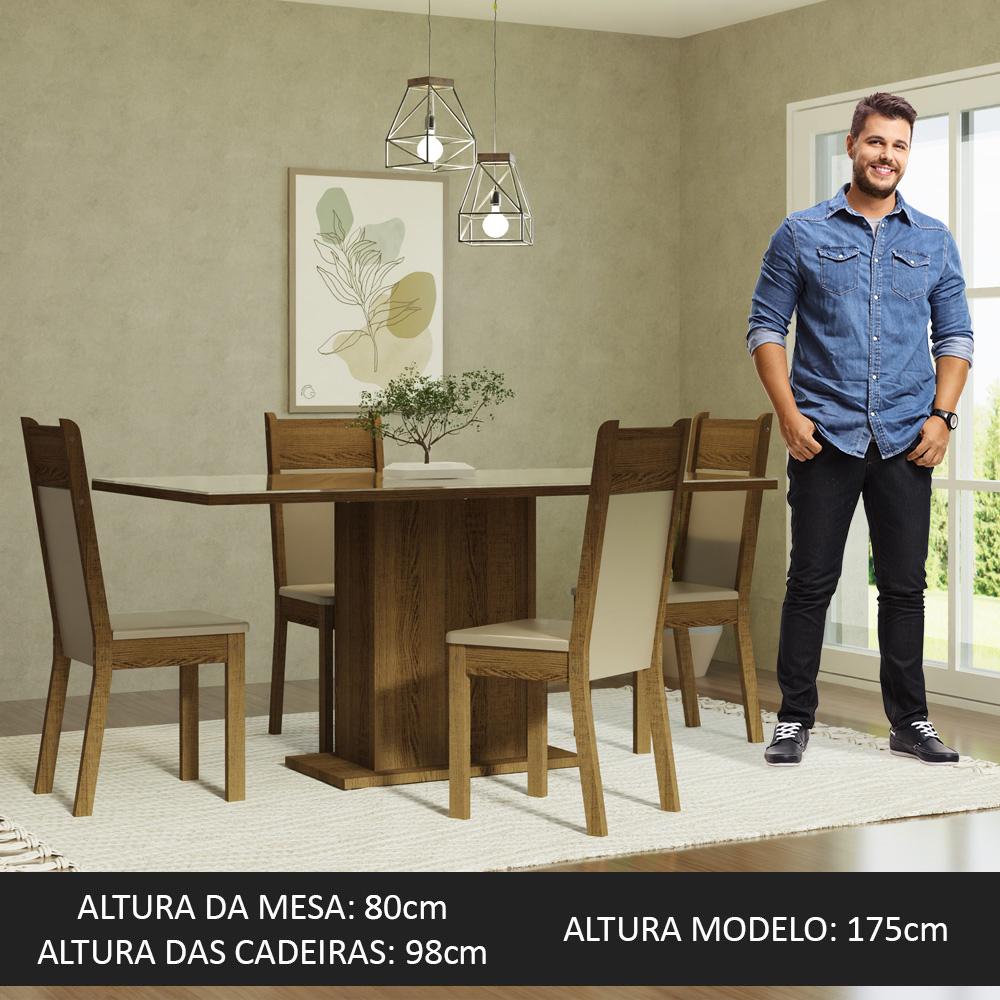 Conjunto Sala de Jantar Mesa Tampo de Vidro 4 Cadeiras Crema/Rustic/Bege Greta Madesa