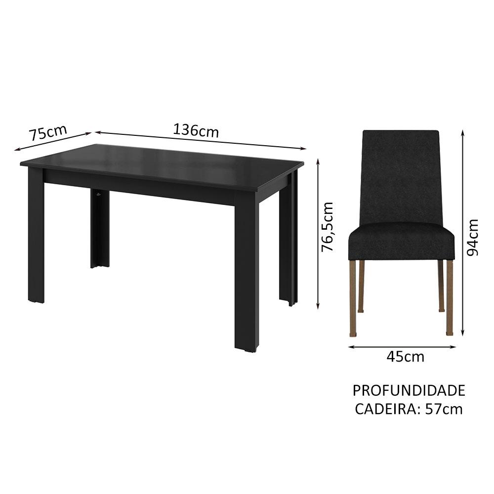 Conjunto Sala de Jantar Mesa Tampo de Vidro 4 Cadeiras Preto/Oxford Antônia Madesa