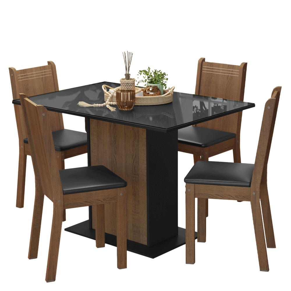 Conjunto Sala de Jantar Mesa Tampo de Vidro 4 Cadeiras Preto/Rustic Camélia Madesa