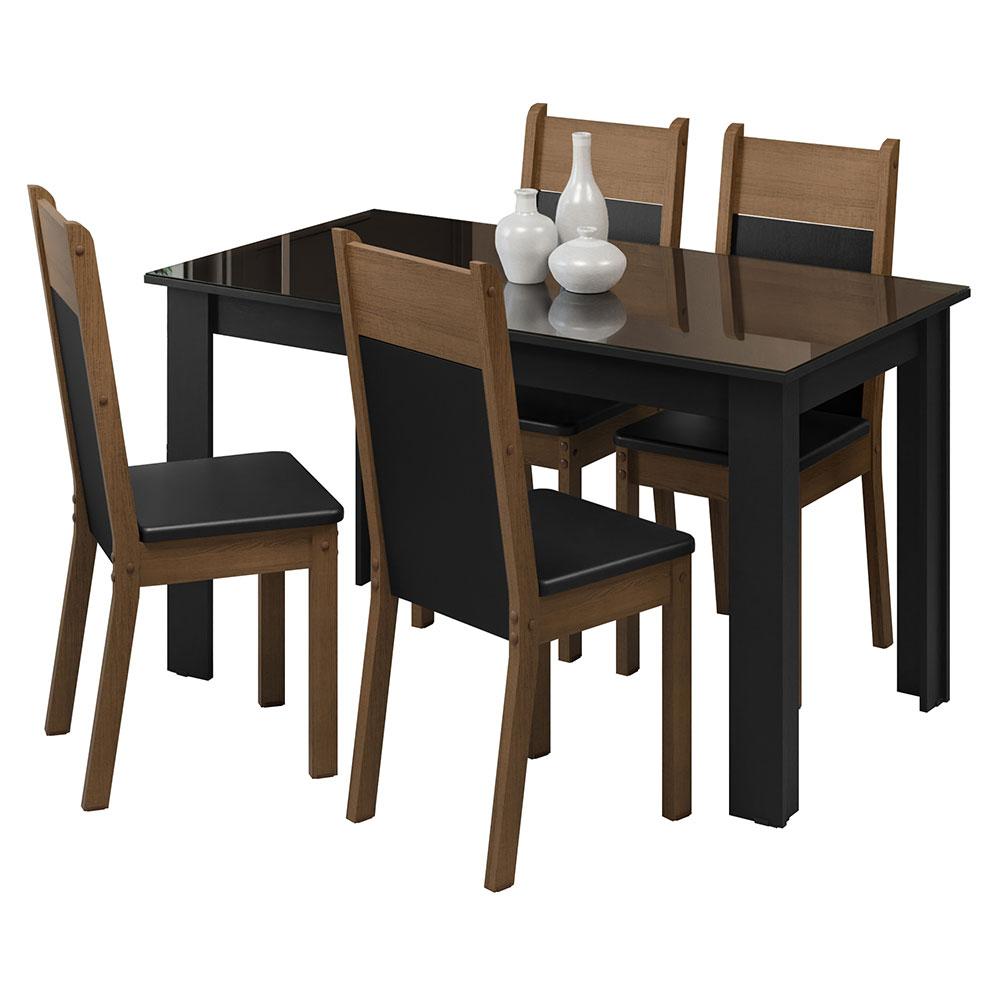 Conjunto Sala de Jantar Mesa Tampo de Vidro 4 Cadeiras Preto/Rustic Eloá Madesa