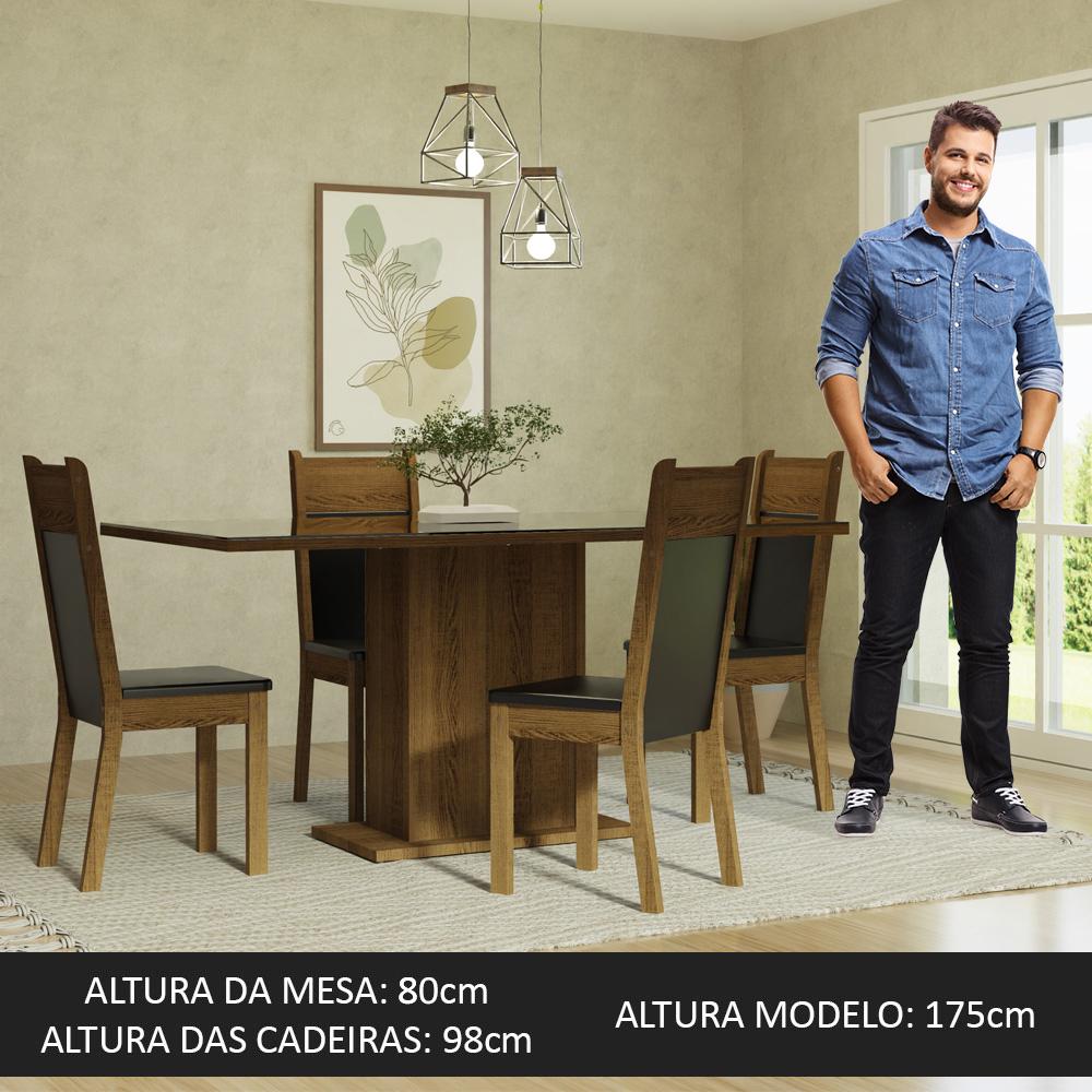 Conjunto Sala de Jantar Mesa Tampo de Vidro 4 Cadeiras Preto/Rustic Greta Madesa