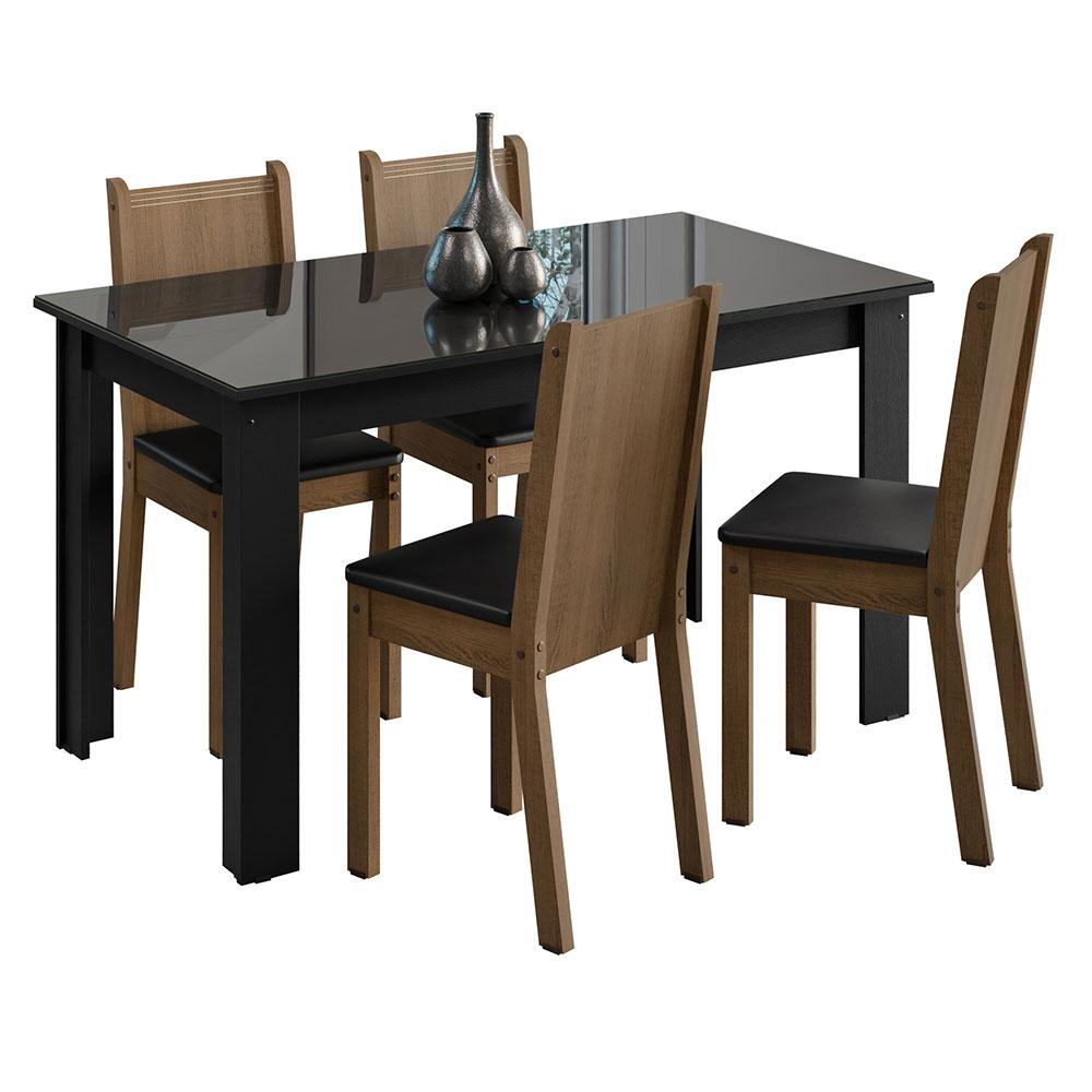 Conjunto Sala de Jantar Mesa Tampo de Vidro 4 Cadeiras Preto/Rustic Kiara Madesa