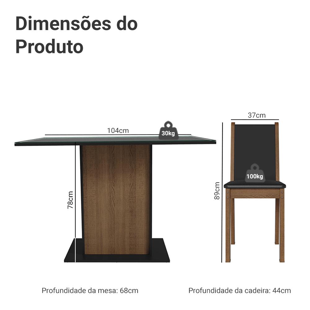 Conjunto Sala de Jantar Mesa Tampo de Vidro 4 Cadeiras Preto/Rustic Martina Madesa