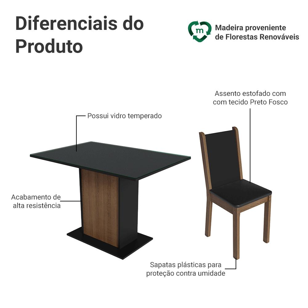 Conjunto Sala de Jantar Mesa Tampo de Vidro 4 Cadeiras Preto/Rustic Martina Madesa