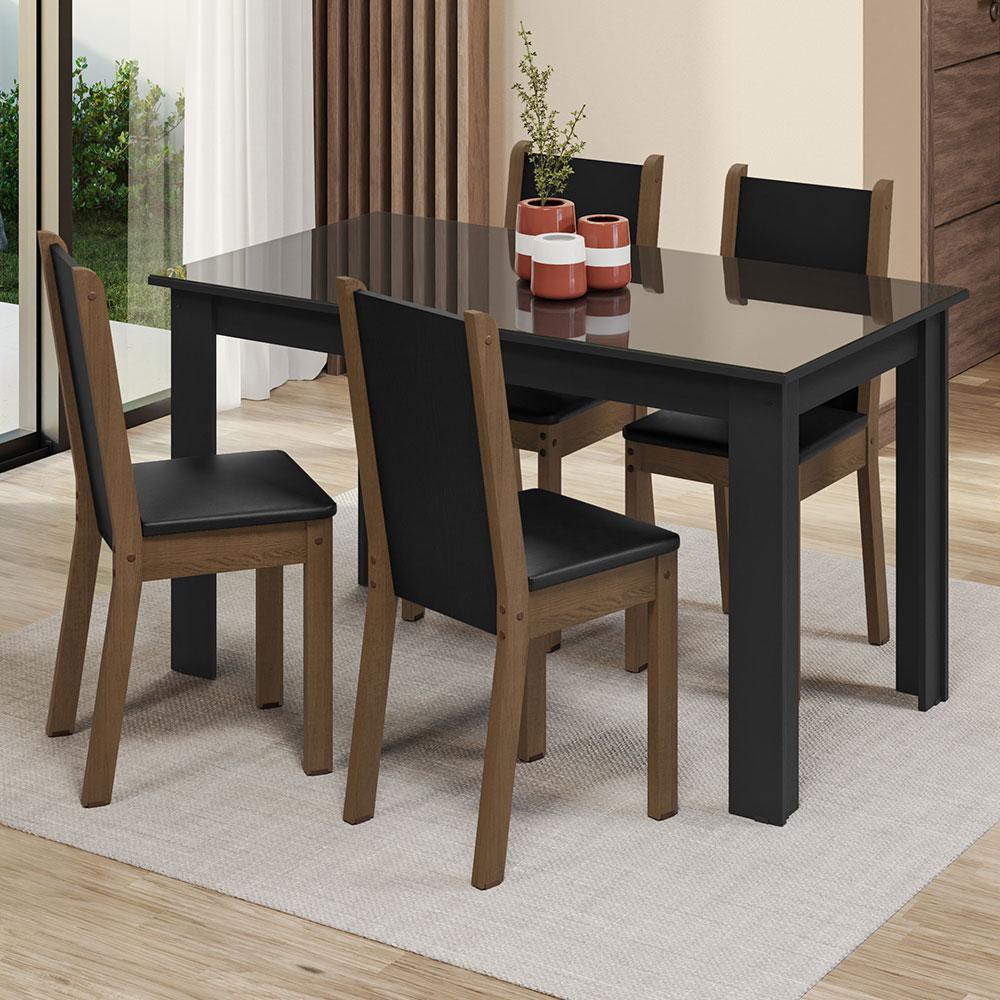 Conjunto Sala de Jantar Mesa Tampo de Vidro 4 Cadeiras Preto/Rustic Suzy Madesa