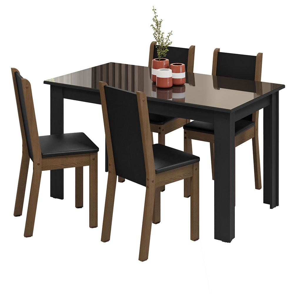 Conjunto Sala de Jantar Mesa Tampo de Vidro 4 Cadeiras Preto/Rustic Suzy Madesa