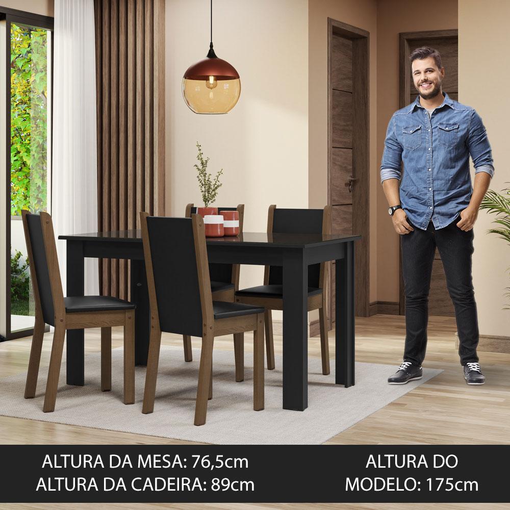 Conjunto Sala de Jantar Mesa Tampo de Vidro 4 Cadeiras Preto/Rustic Suzy Madesa