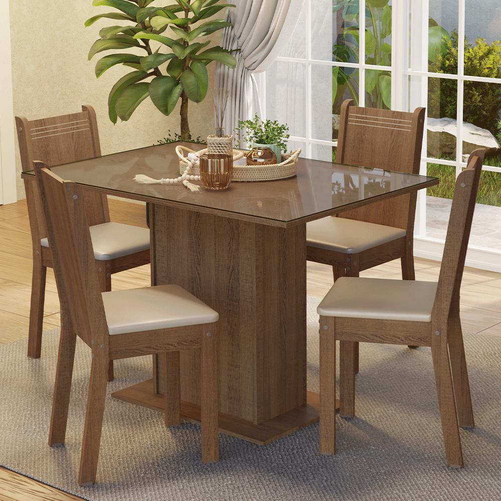 Conjunto Sala de Jantar Mesa Tampo de Vidro 4 Cadeiras Rustic/Bege Camélia Madesa