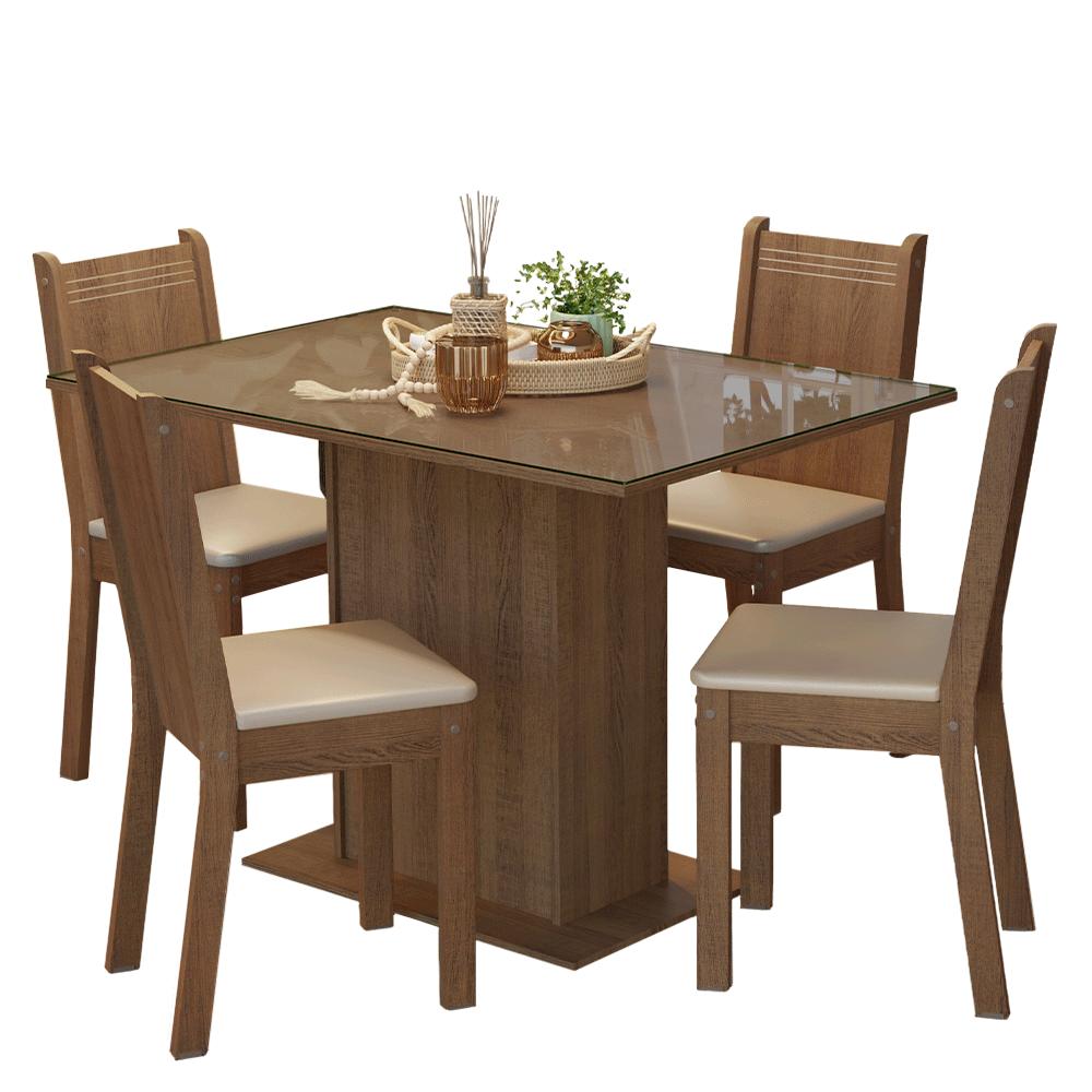 Conjunto Sala de Jantar Mesa Tampo de Vidro 4 Cadeiras Rustic/Bege Camélia Madesa