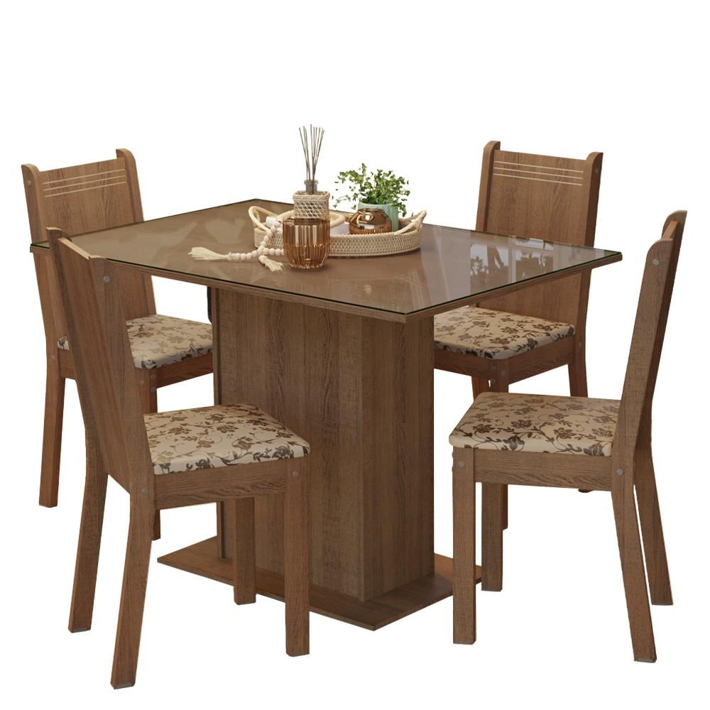 Conjunto Sala de Jantar Mesa Tampo de Vidro 4 Cadeiras Rustic/Bege Marrom Camélia Madesa