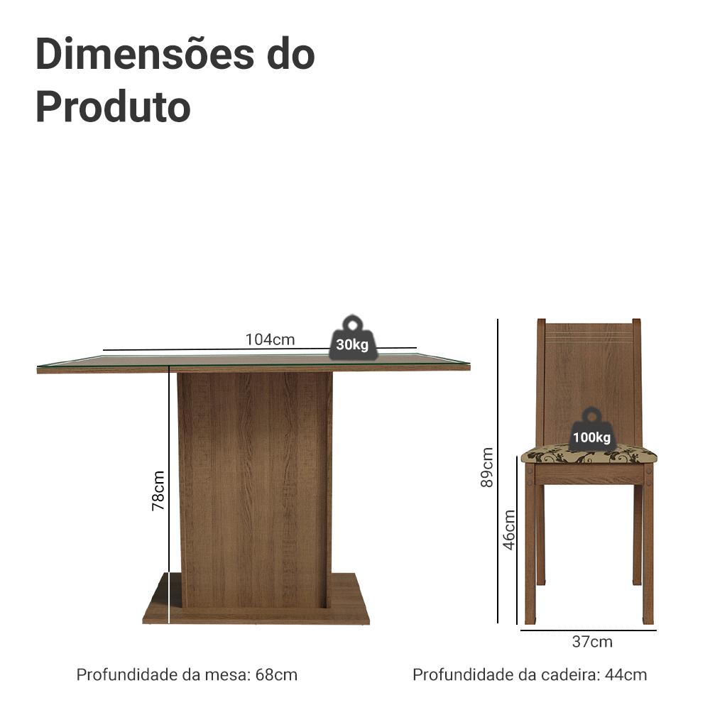 Conjunto Sala de Jantar Mesa Tampo de Vidro 4 Cadeiras Rustic/Bege Marrom Camélia Madesa