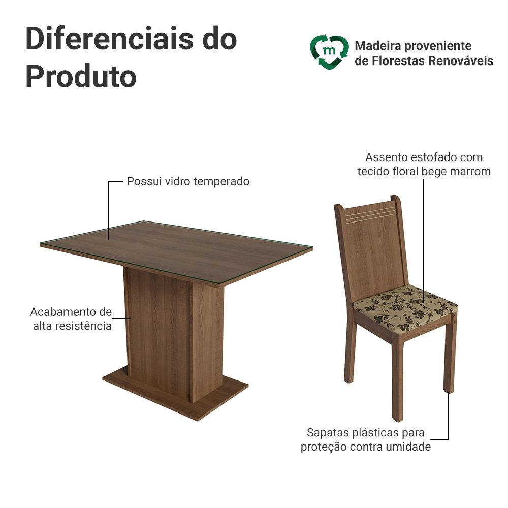 Conjunto Sala de Jantar Mesa Tampo de Vidro 4 Cadeiras Rustic/Bege Marrom Camélia Madesa