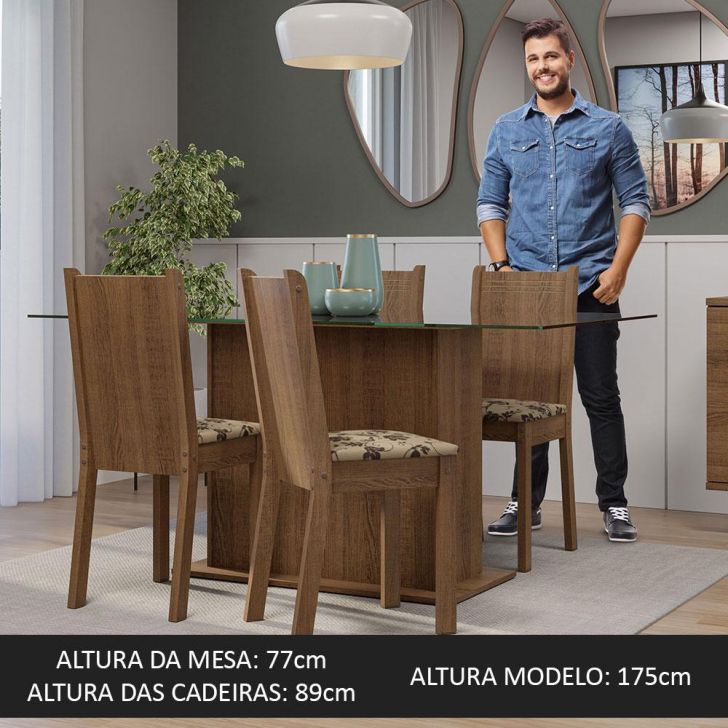 Conjunto Sala de Jantar Mesa Tampo de Vidro 4 Cadeiras Espanha