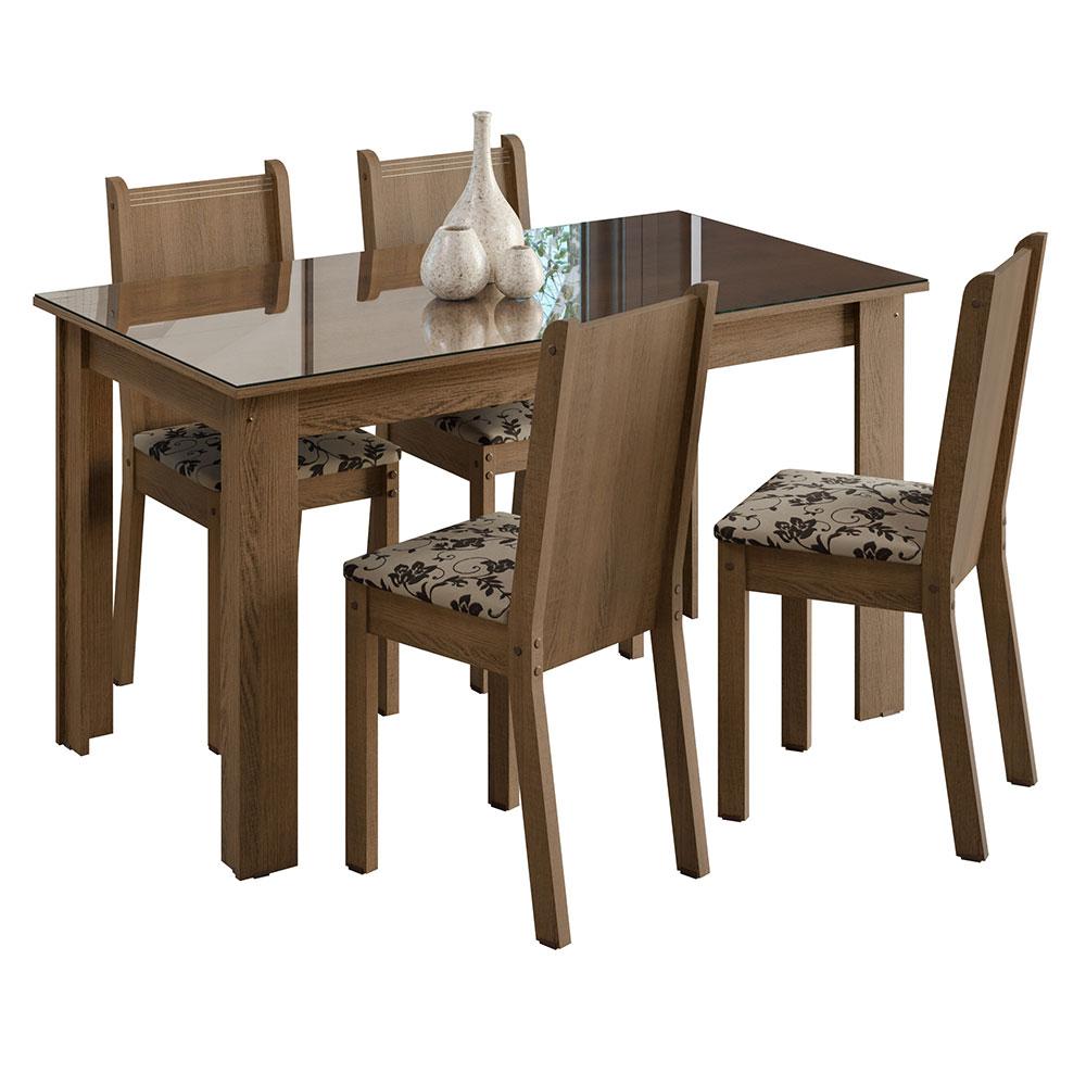 Conjunto Sala de Jantar Mesa Tampo de Vidro 4 Cadeiras Rustic/Bege Marrom Kiara Madesa