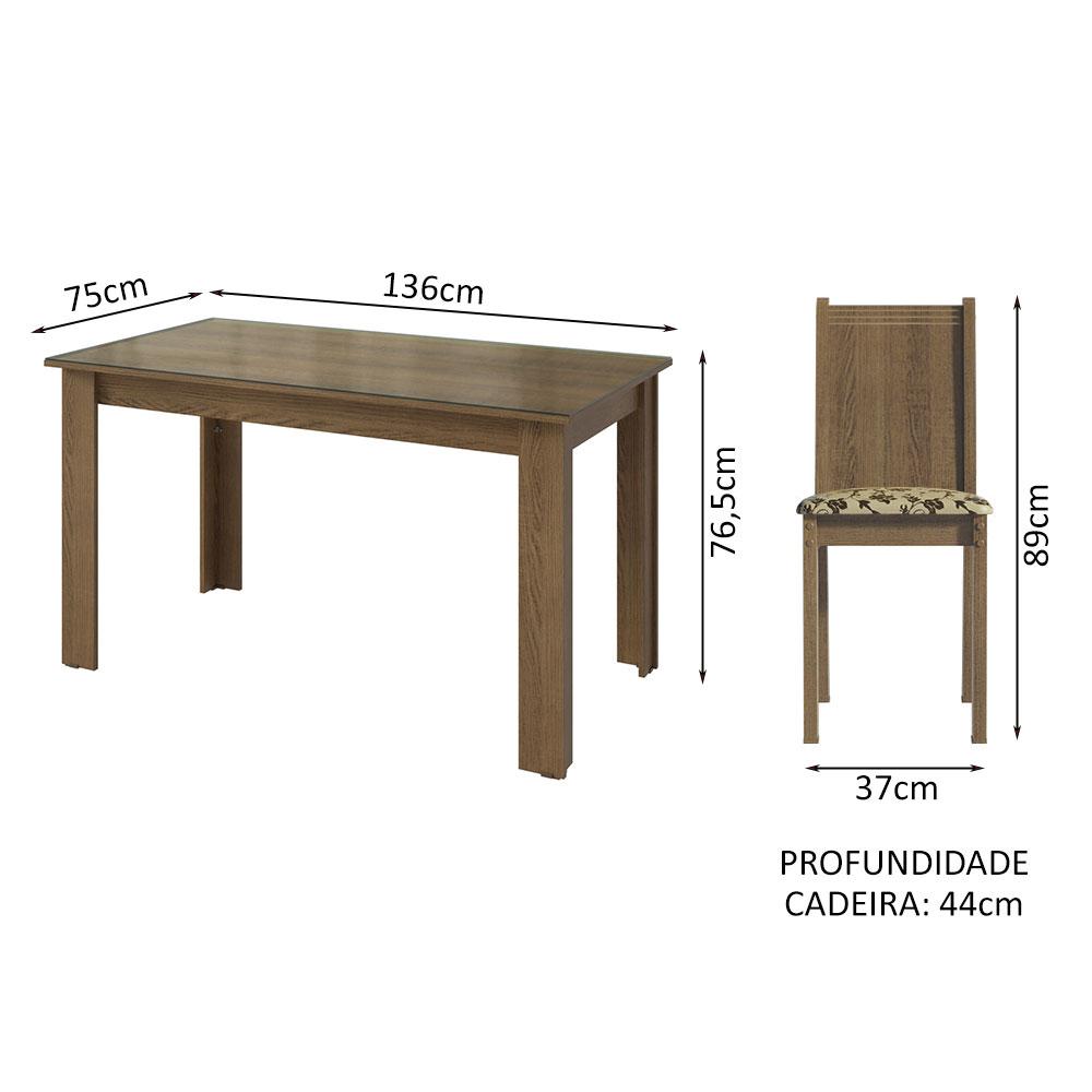 Conjunto Sala de Jantar Mesa Tampo de Vidro 4 Cadeiras Rustic/Bege Marrom Kiara Madesa