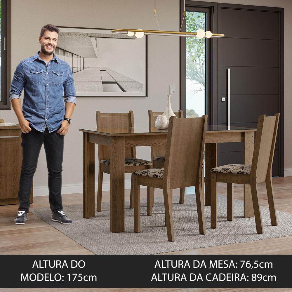Conjunto Sala de Jantar Mesa Tampo de Vidro 4 Cadeiras Rustic/Bege Marrom Kiara Madesa