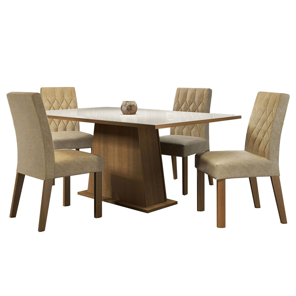 Conjunto Sala de Jantar Mesa Tampo de Vidro 4 Cadeiras Rustic/Branco/Imperial Aryeli Madesa