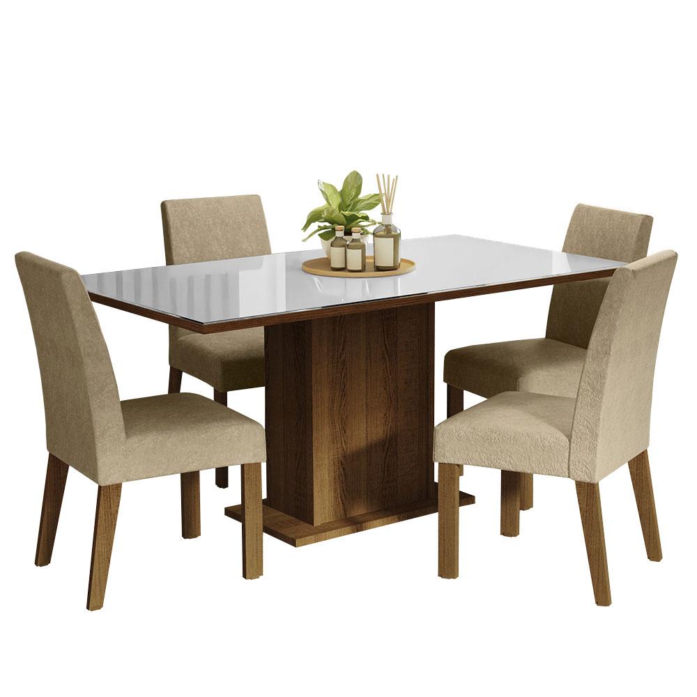 Conjunto Sala de Jantar Mesa Tampo de Vidro 4 Cadeiras Rustic/Branco/Imperial Avril Madesa
