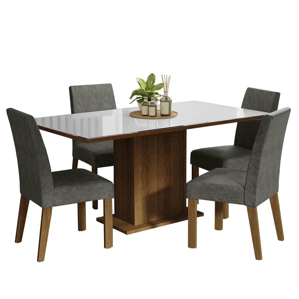 Conjunto Sala de Jantar Mesa Tampo de Vidro 4 Cadeiras Rustic/Branco/Silver Avril Madesa