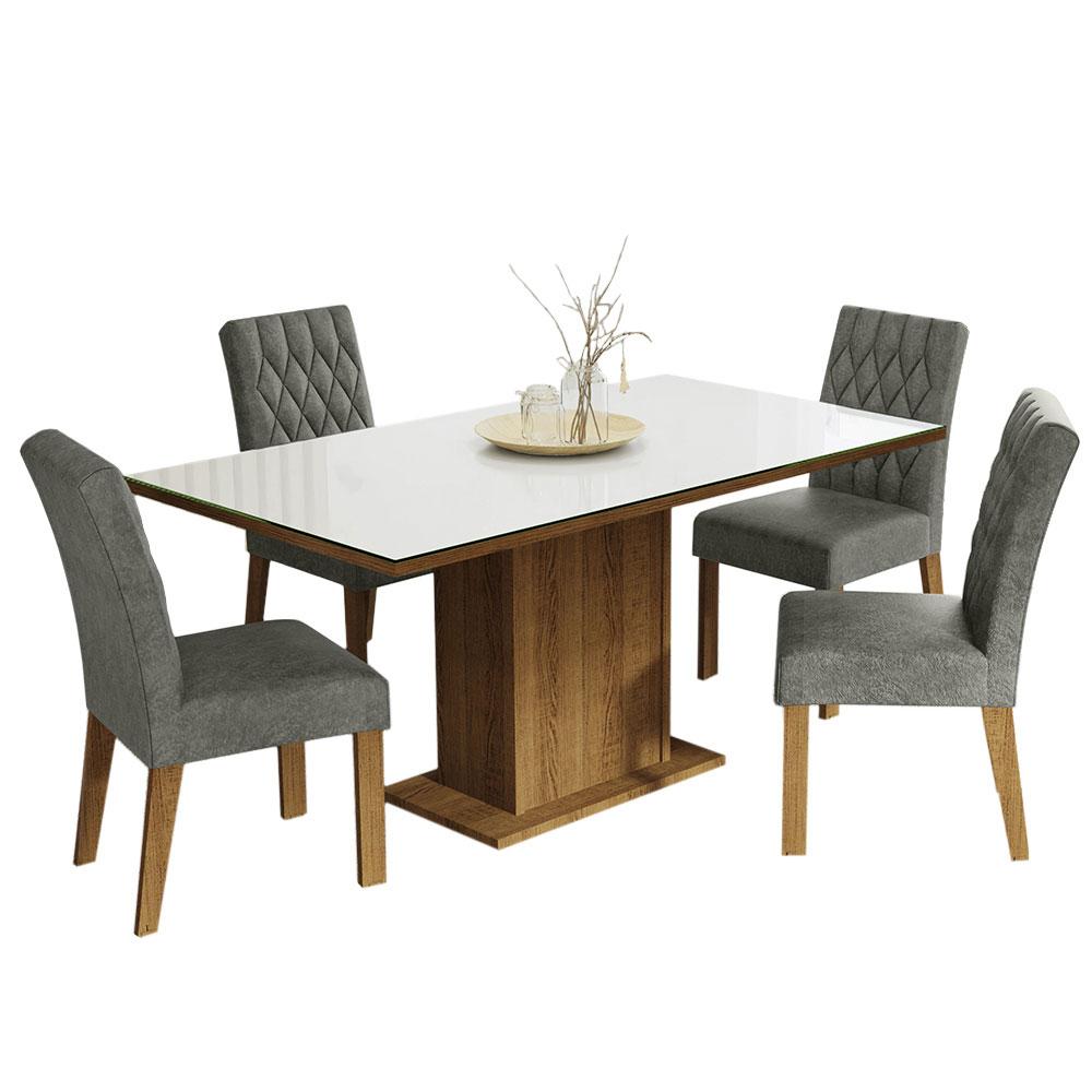 Conjunto Sala de Jantar Mesa Tampo de Vidro 4 Cadeiras Rustic/Branco/Silver Marilia Madesa