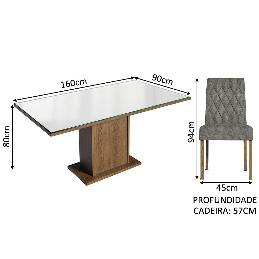 Conjunto Sala de Jantar Mesa Tampo de Vidro 4 Cadeiras Rustic/Branco/Silver Marilia Madesa