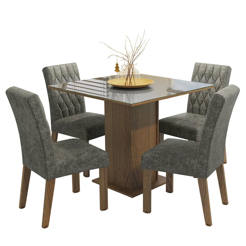 Conjunto Sala de Jantar Mesa Tampo de Vidro 4 Cadeiras Rustic/Cinza/Silver Anaju Madesa