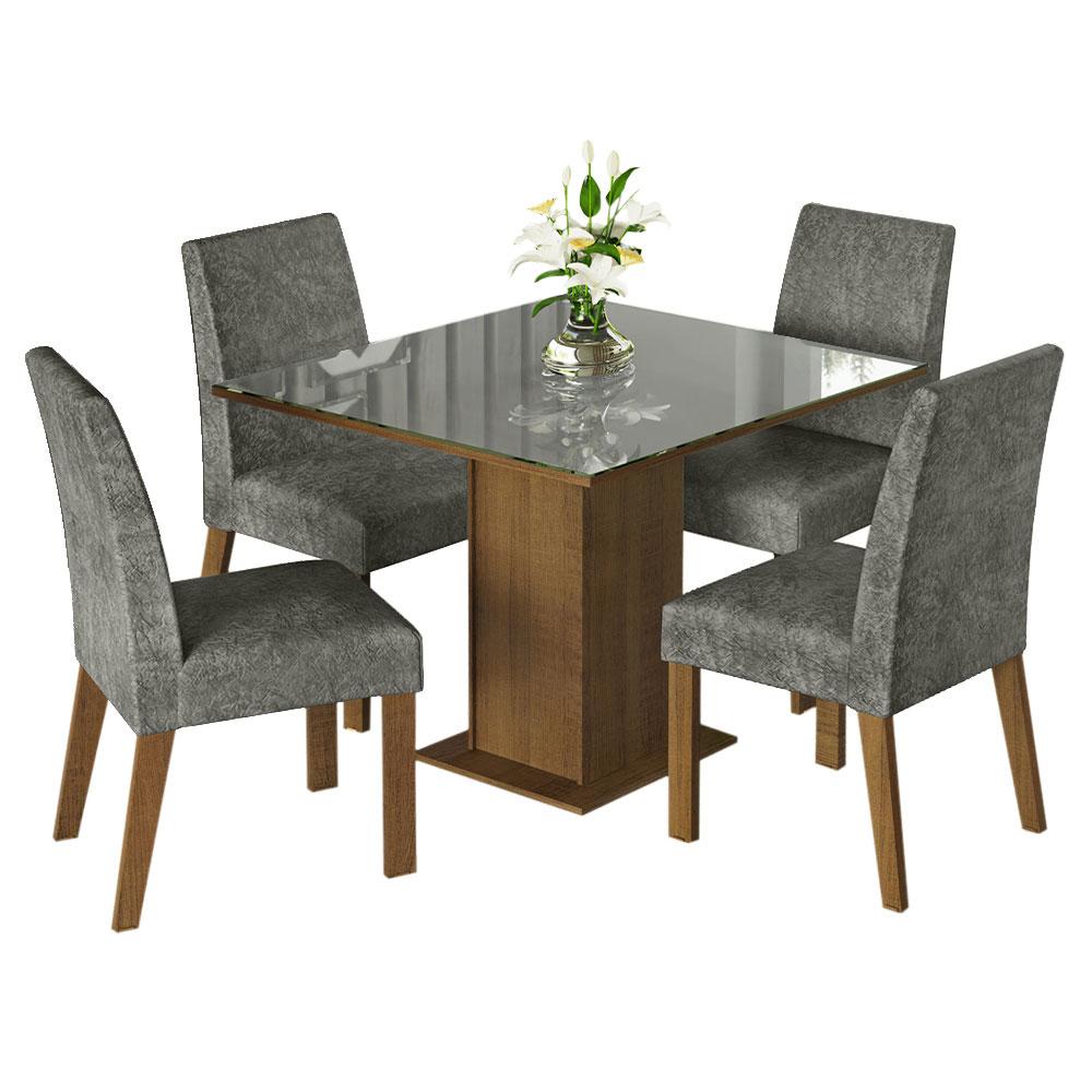 Conjunto Sala de Jantar Mesa Tampo de Vidro 4 Cadeiras Rustic/Cinza/Silver Anne Madesa