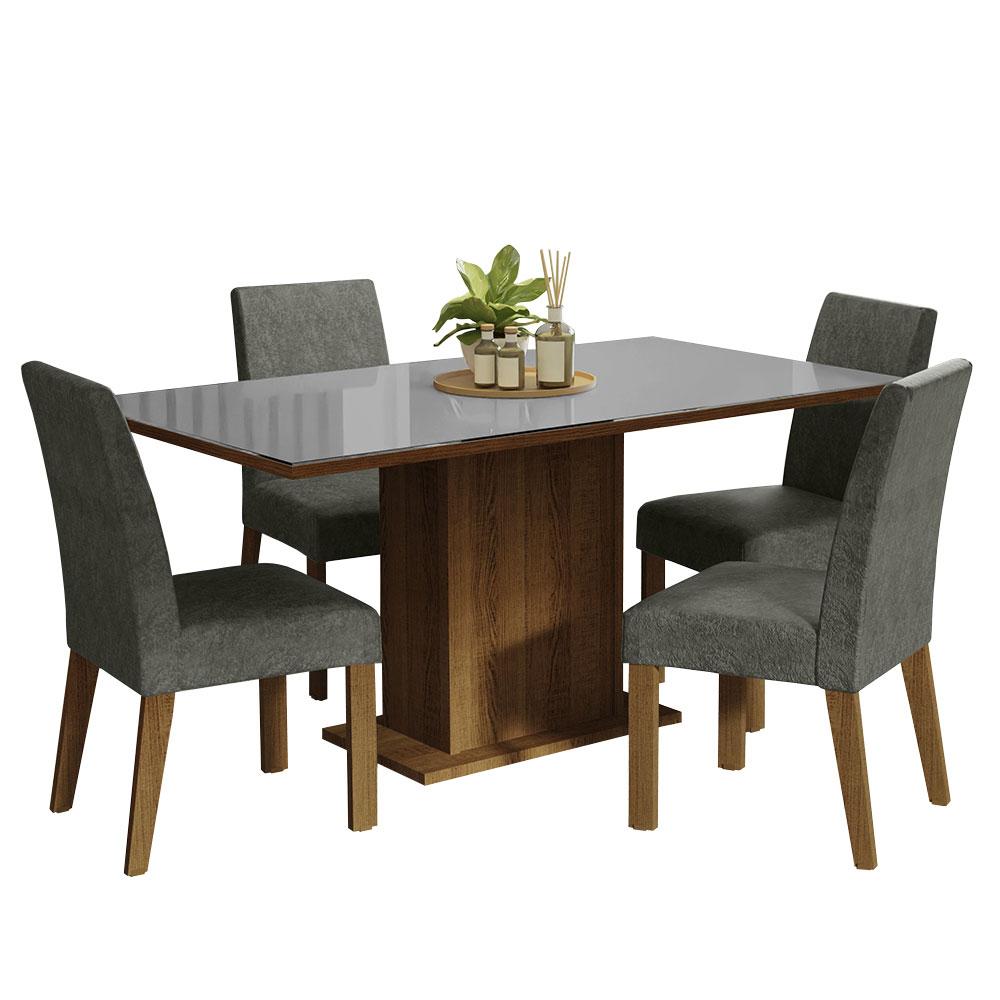 Conjunto Sala de Jantar Mesa Tampo de Vidro 4 Cadeiras Rustic/Cinza/Silver Avril Madesa