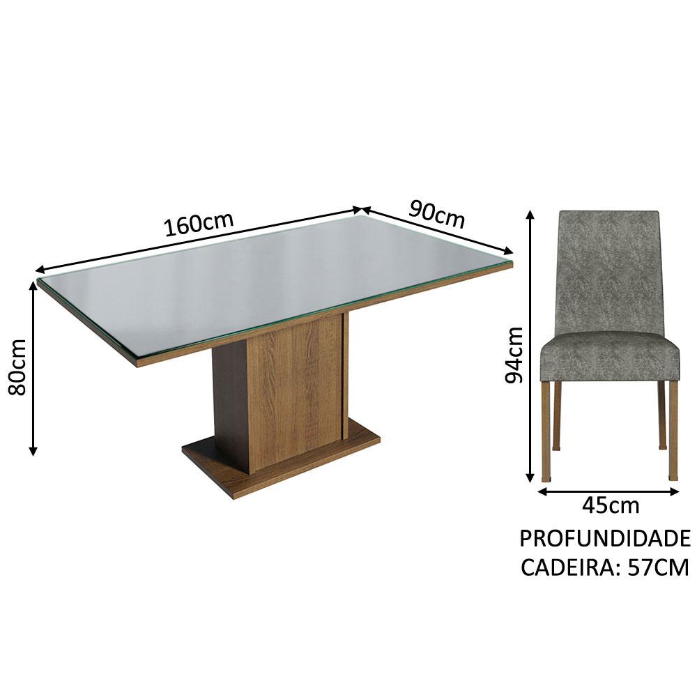 Conjunto Sala de Jantar Mesa Tampo de Vidro 4 Cadeiras Rustic/Cinza/Silver Avril Madesa