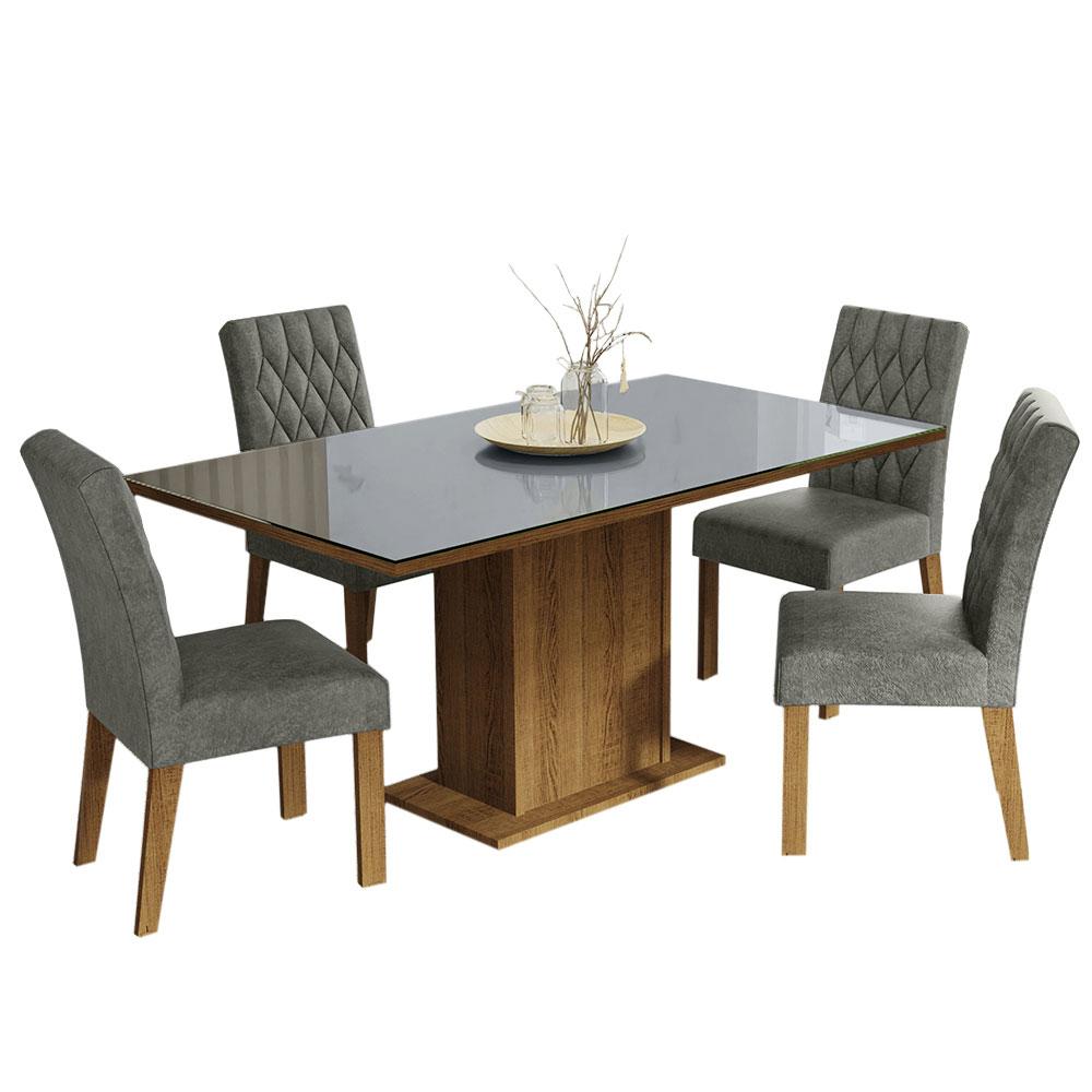Conjunto Sala de Jantar Mesa Tampo de Vidro 4 Cadeiras Rustic/Cinza/Silver Marilia Madesa