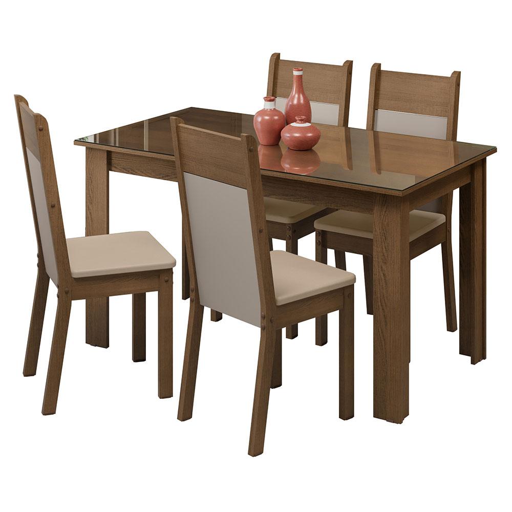 Conjunto Sala de Jantar Mesa Tampo de Vidro 4 Cadeiras Rustic/Crema/Bege Eloá Madesa