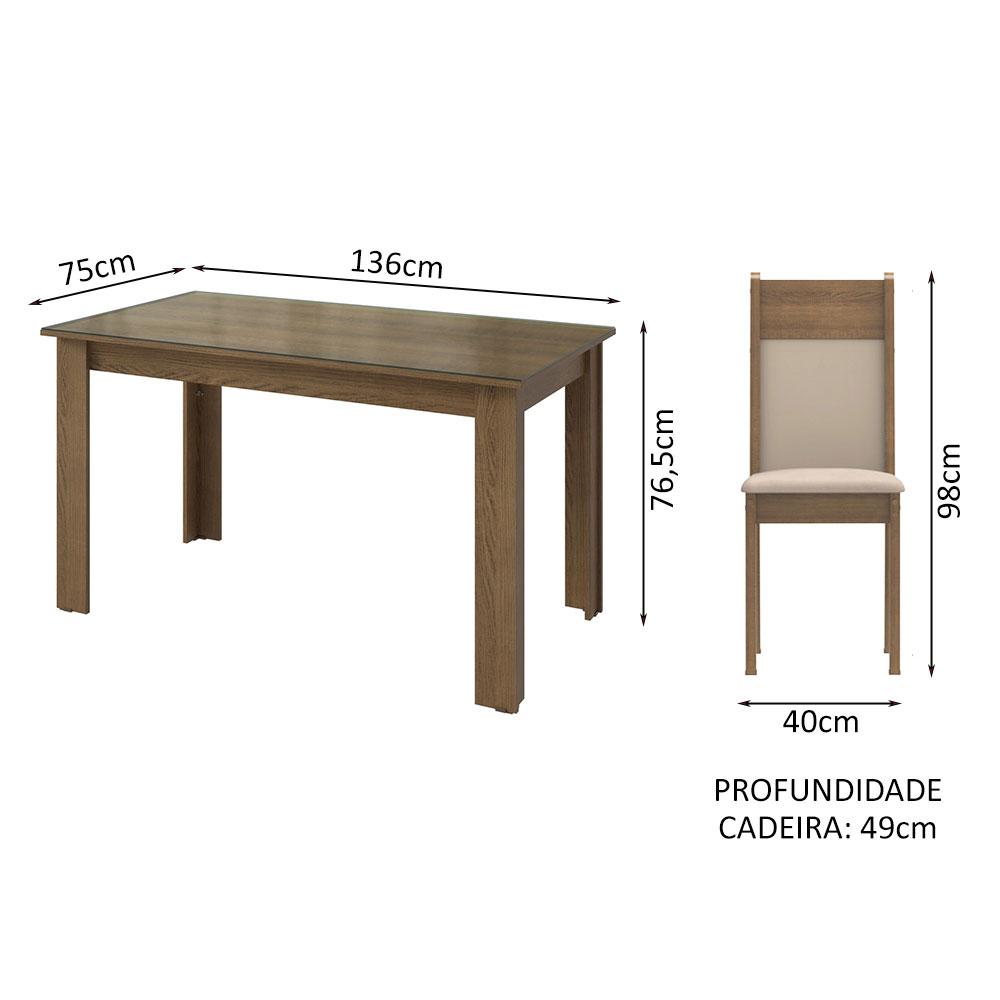 Conjunto Sala de Jantar Mesa Tampo de Vidro 4 Cadeiras Rustic/Crema/Bege Eloá Madesa
