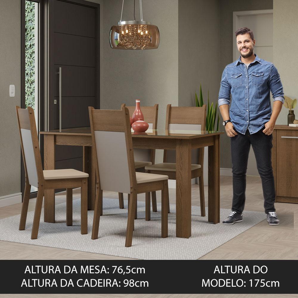 Conjunto Sala de Jantar Mesa Tampo de Vidro 4 Cadeiras Rustic/Crema/Bege Eloá Madesa