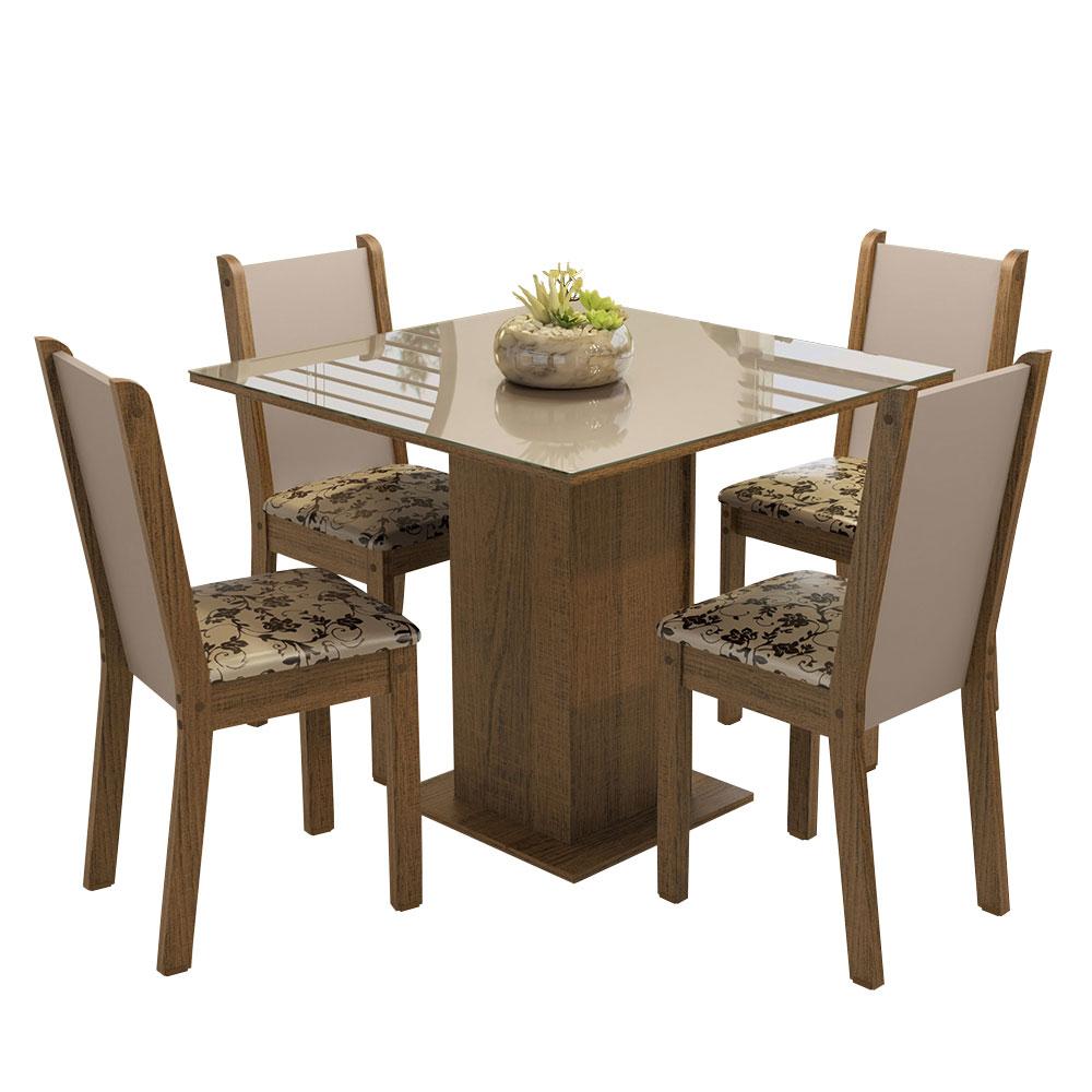 Conjunto Sala de Jantar Mesa Tampo de Vidro 4 Cadeiras Rustic/Crema/Bege Marrom Tifani Madesa