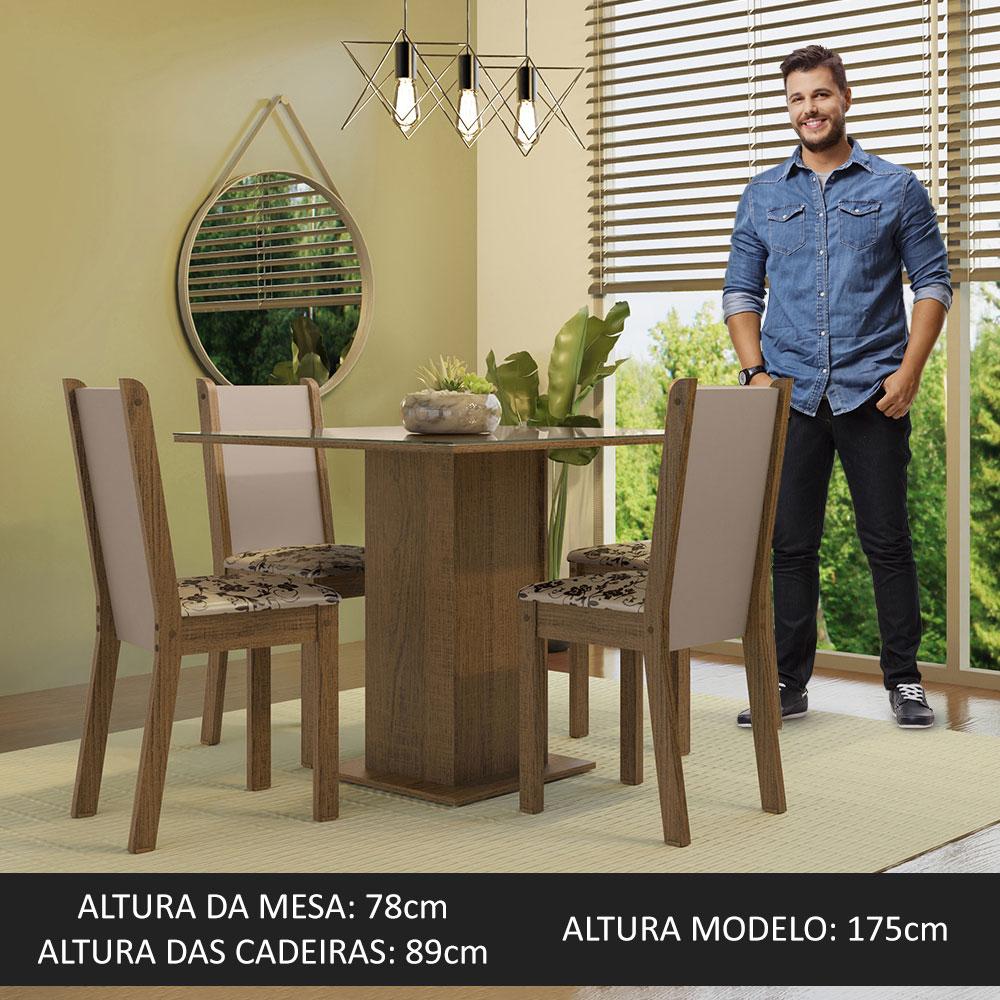 Conjunto Sala de Jantar Mesa Tampo de Vidro 4 Cadeiras Rustic/Crema/Bege Marrom Tifani Madesa