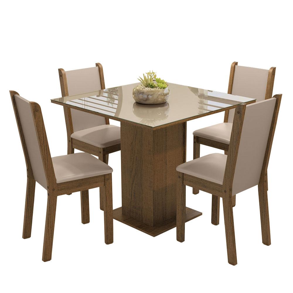 Conjunto Sala de Jantar Mesa Tampo de Vidro 4 Cadeiras Rustic/Crema/Bege Tifani Madesa