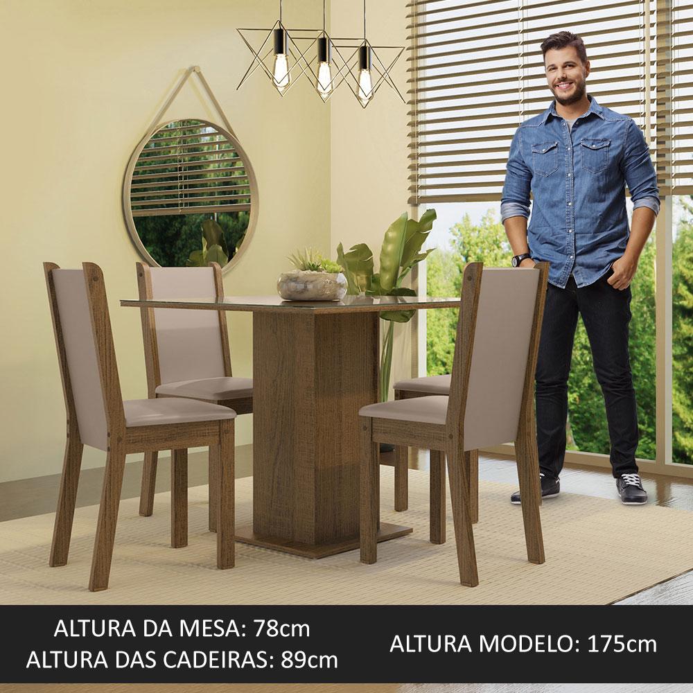Conjunto Sala de Jantar Mesa Tampo de Vidro 4 Cadeiras Rustic/Crema/Bege Tifani Madesa