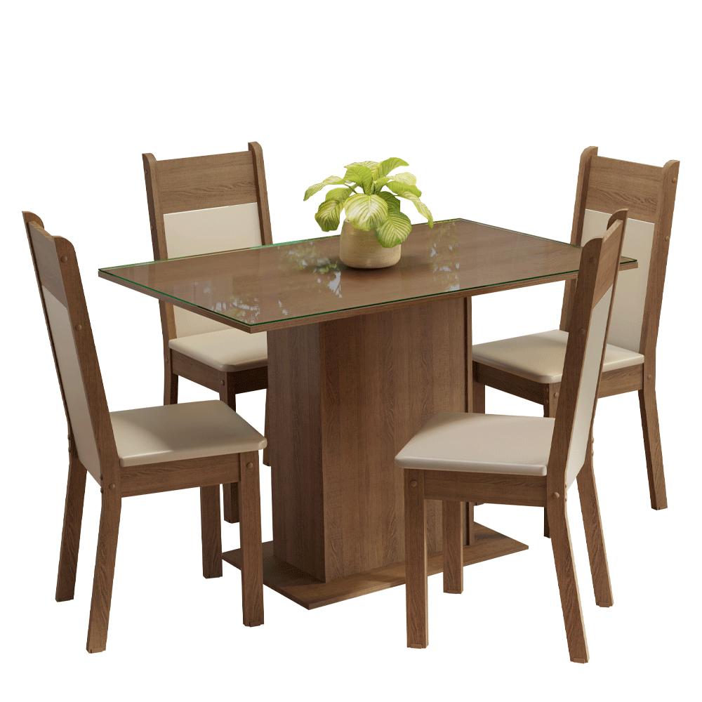 Conjunto Sala de Jantar Mesa Tampo de Vidro 4 Cadeiras Rustic/Crema/Bege Viena Madesa