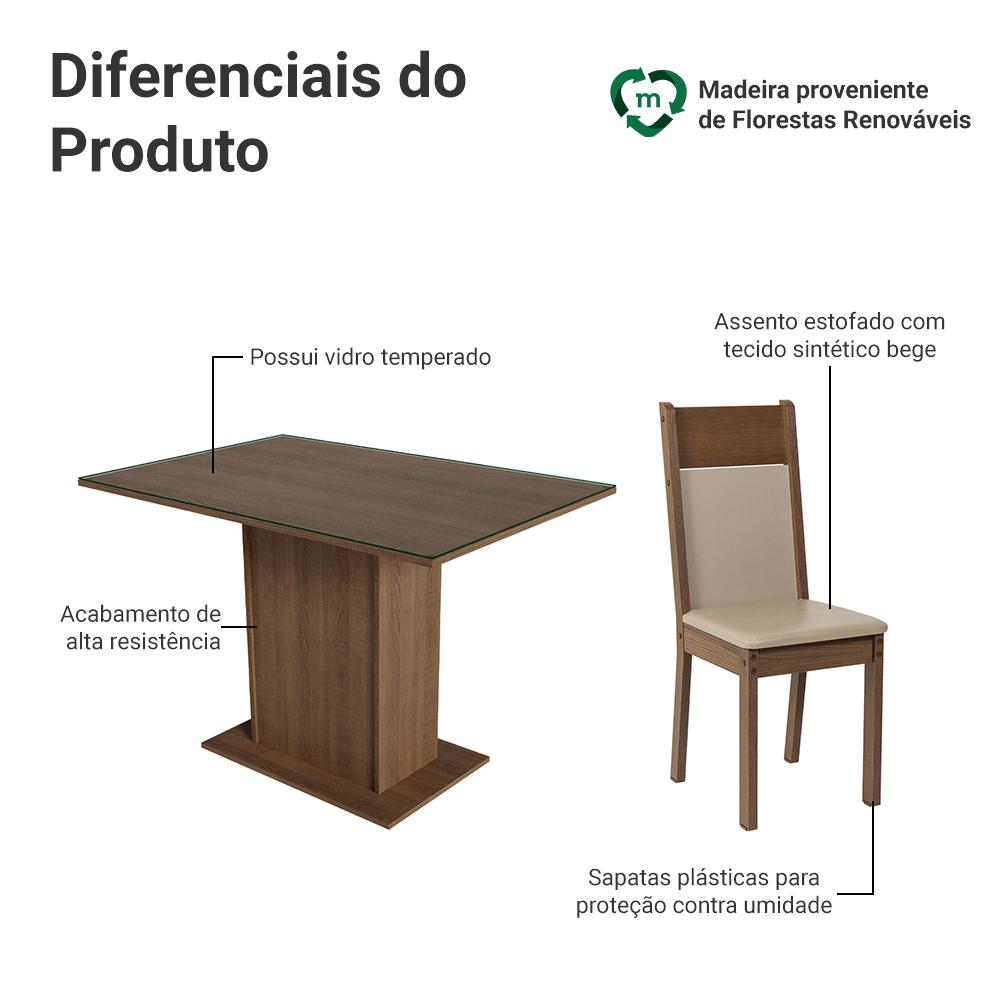 Conjunto Sala de Jantar Mesa Tampo de Vidro 4 Cadeiras Rustic/Crema/Bege Viena Madesa