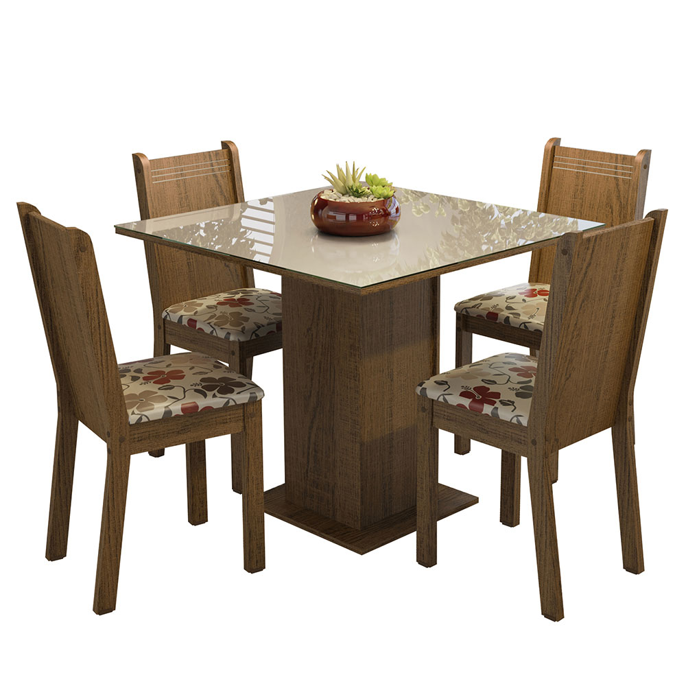 Conjunto Sala de Jantar Mesa Tampo de Vidro 4 Cadeiras Rustic/Crema/Hibiscos Perla Madesa