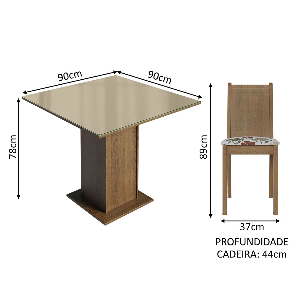 Conjunto Sala de Jantar Mesa Tampo de Vidro 4 Cadeiras Rustic/Crema/Hibiscos Perla Madesa
