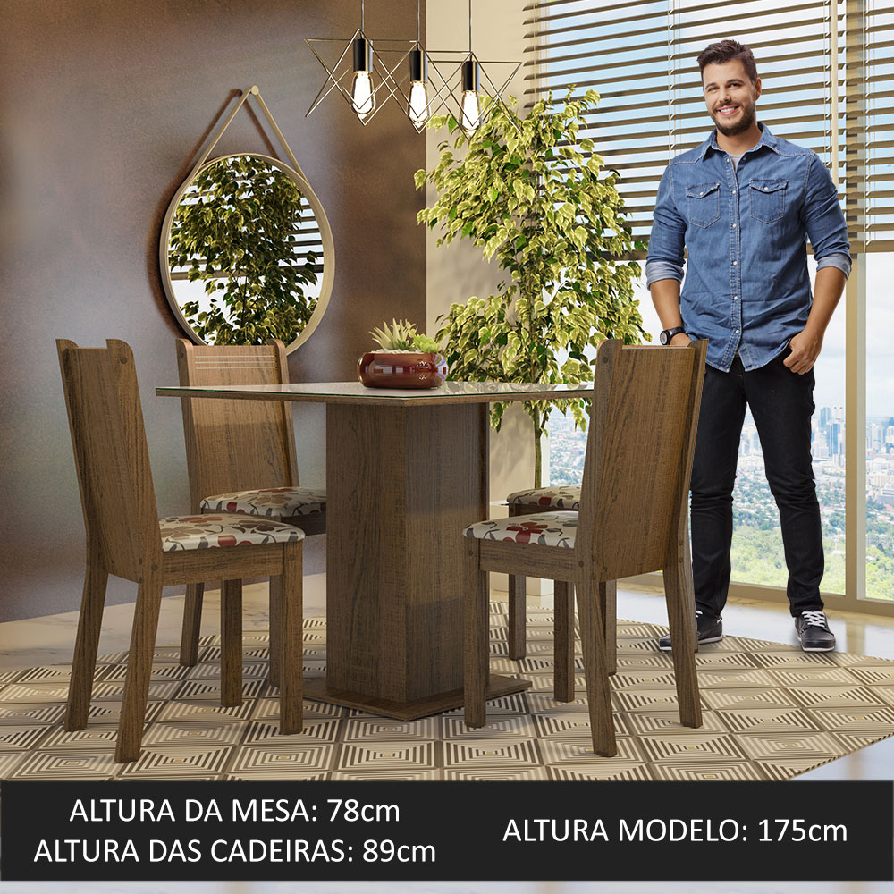 Conjunto Sala de Jantar Mesa Tampo de Vidro 4 Cadeiras Rustic/Crema/Hibiscos Perla Madesa
