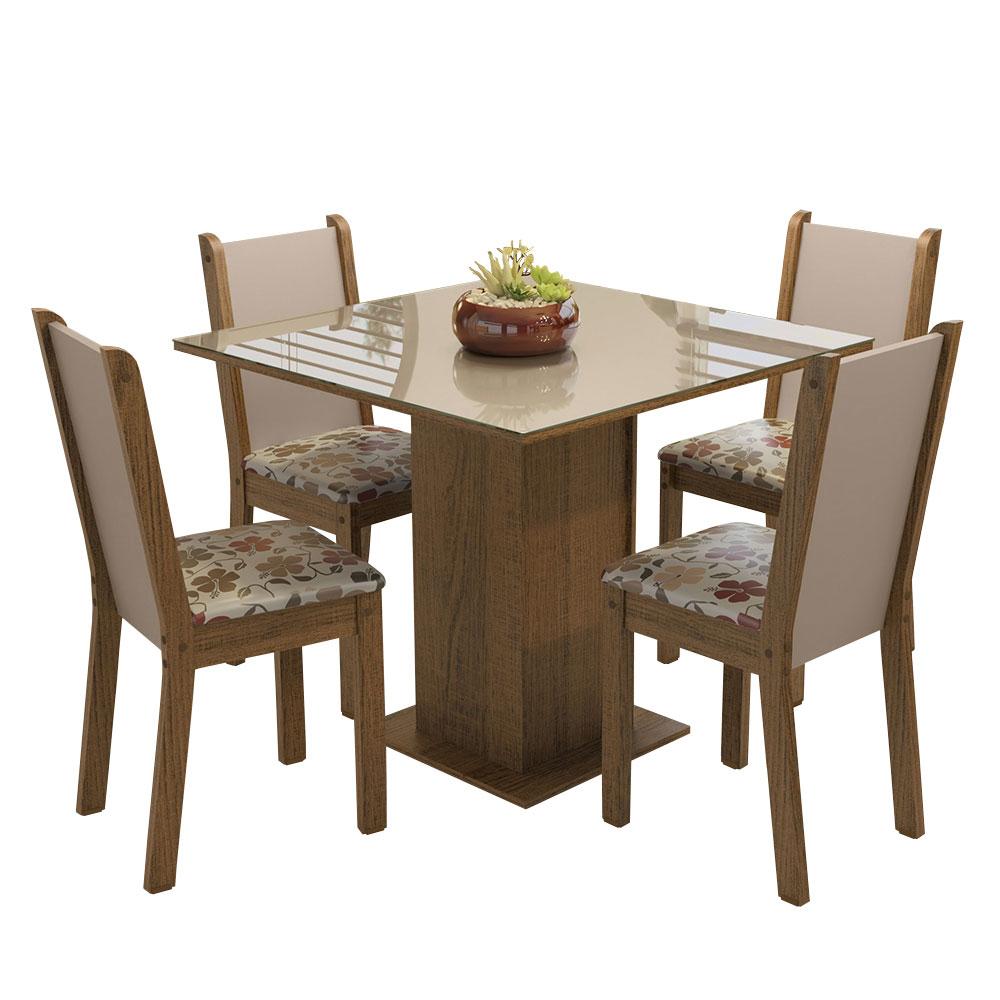 Conjunto Sala de Jantar Mesa Tampo de Vidro 4 Cadeiras Rustic/Crema/Hibiscos Tifani Madesa