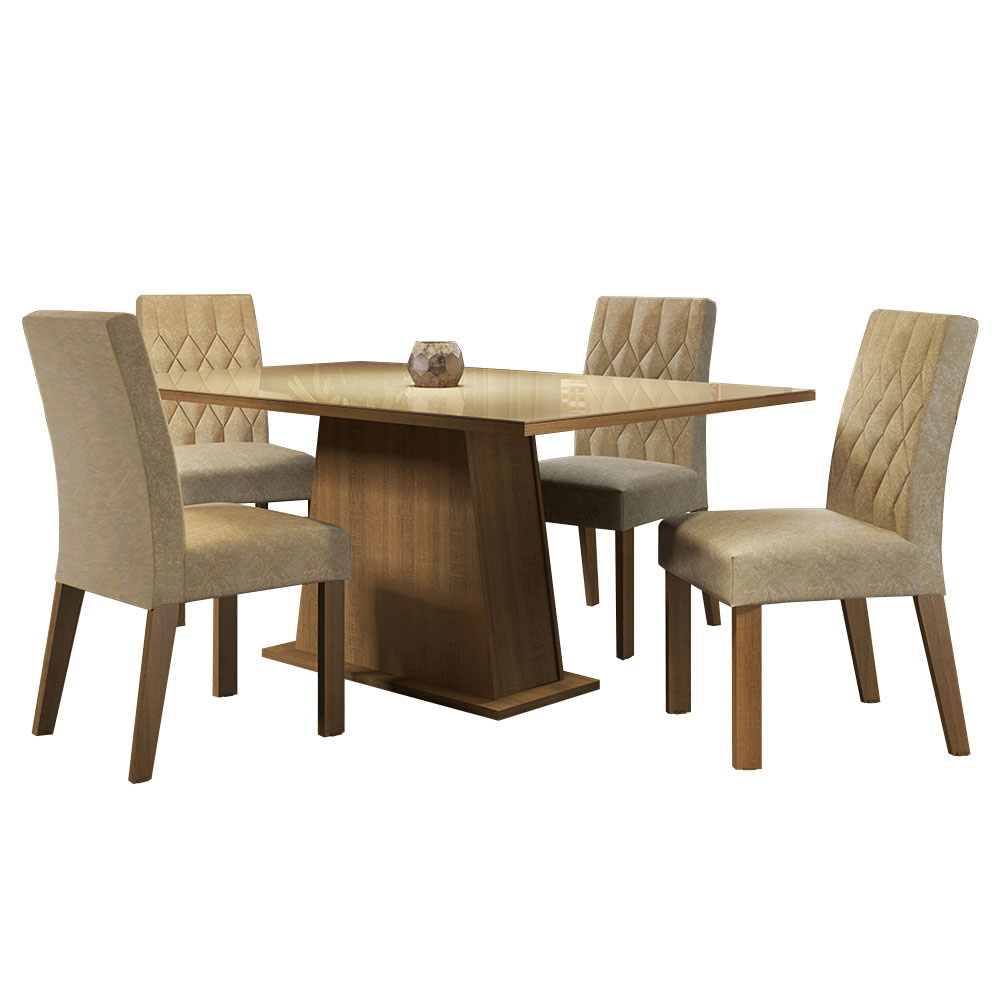 Conjunto Sala de Jantar Mesa Tampo de Vidro 4 Cadeiras Rustic/Crema/Imperial Aryeli Madesa
