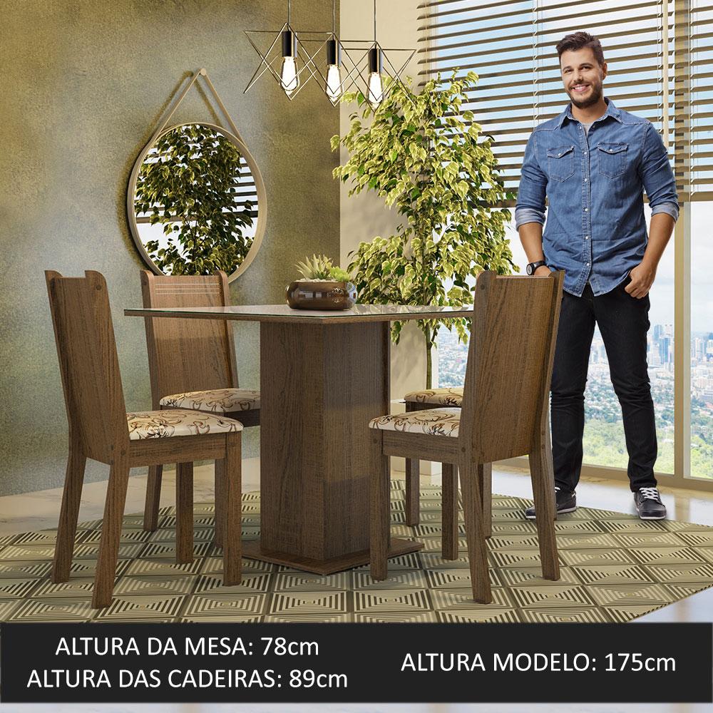 Conjunto Sala de Jantar Mesa Tampo de Vidro 4 Cadeiras Rustic/Crema/Lírio Bege Perla Madesa