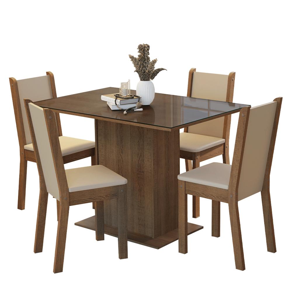 Conjunto Sala de Jantar Mesa Tampo de Vidro 4 Cadeiras Rustic/Crema/Sintético Bege Martina Madesa