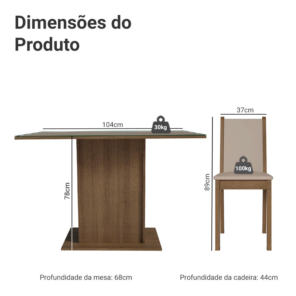 Conjunto Sala de Jantar Mesa Tampo de Vidro 4 Cadeiras Rustic/Crema/Sintético Bege Martina Madesa