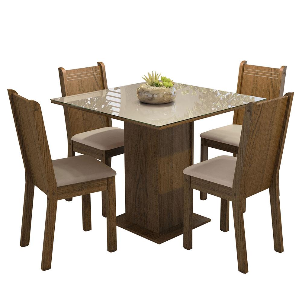 Conjunto Sala de Jantar Mesa Tampo de Vidro 4 Cadeiras Rustic/Crema/Sintético Bege Perla Madesa